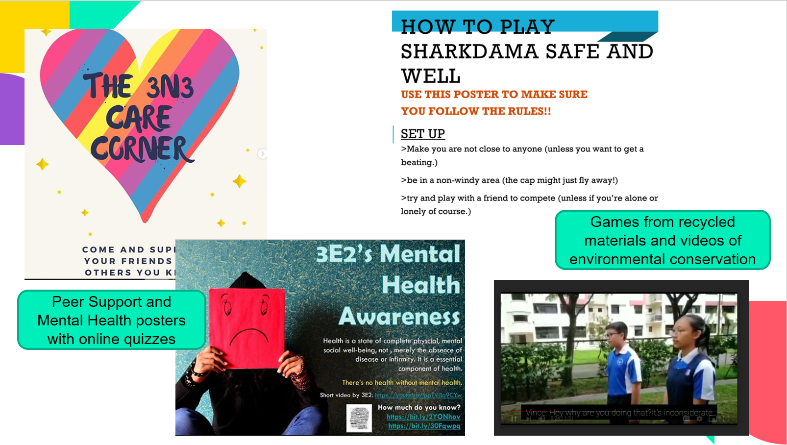 Collage of student health and wellness posters covering mental health awareness, peer support, and a sharkdama game guide.